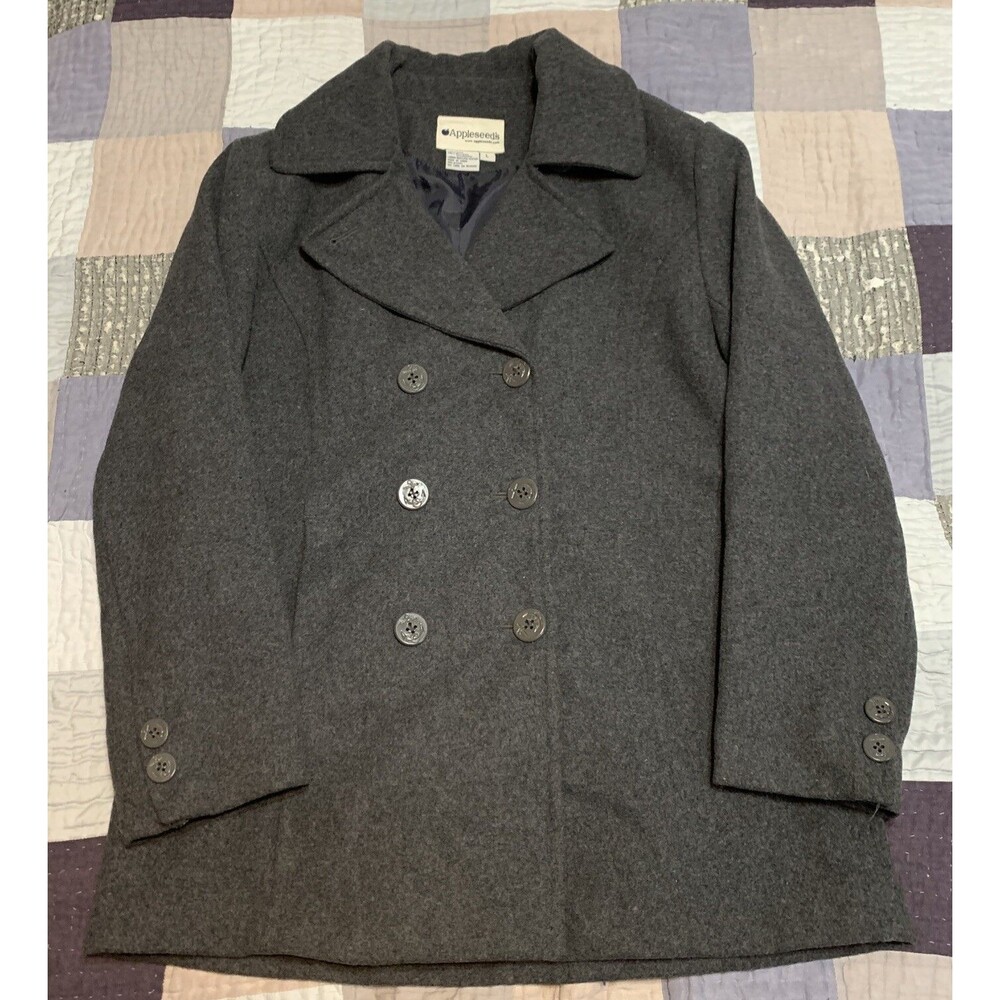 Appleseeds Wool Blend Pea Coat Womens L Gray Double Breasted Lined